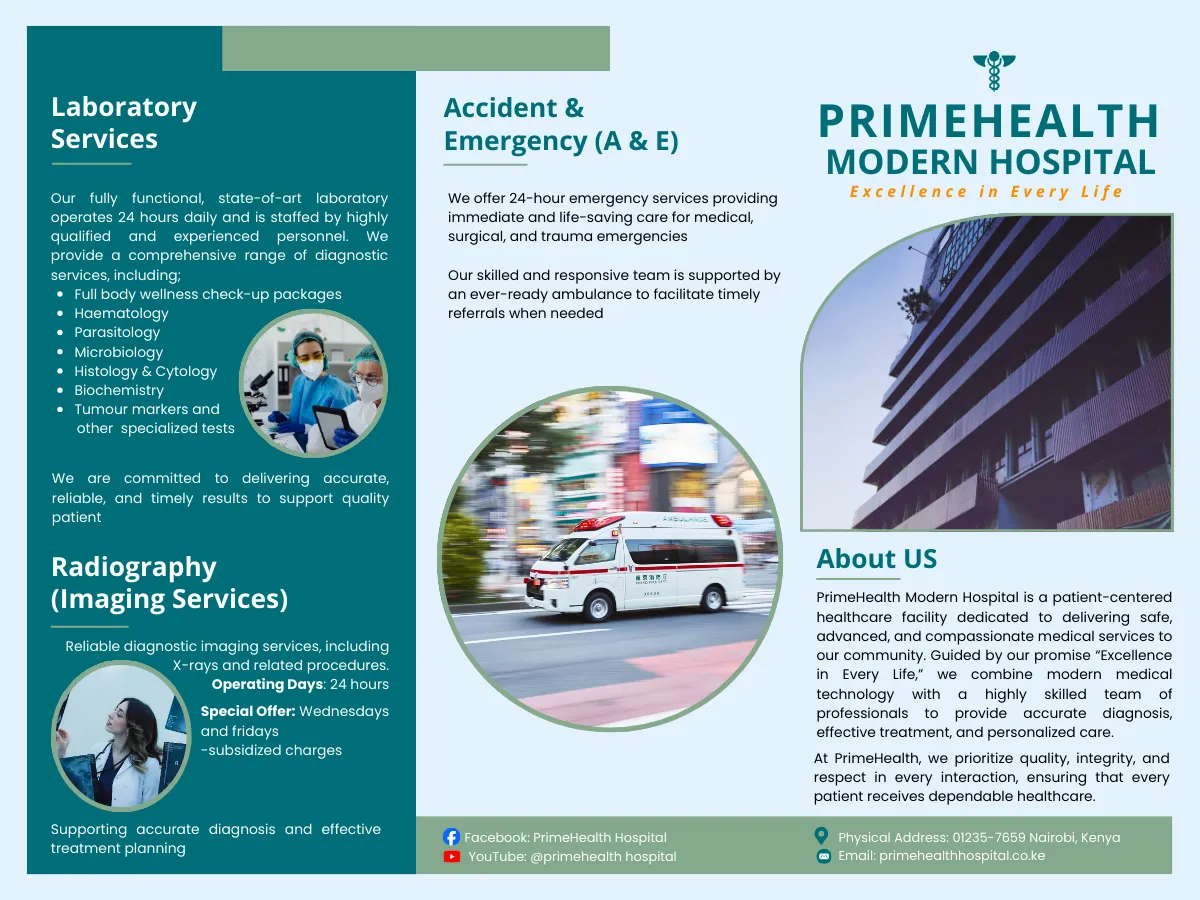 PrimeHealth Modern Hospital brochure and flyer print design layout